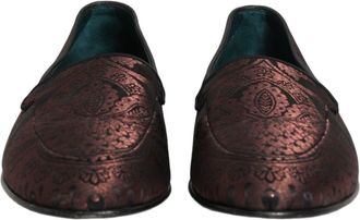 Dolce & Gabbana Mens Maroon Jacquard Leather Slip On Loafers Shoes
