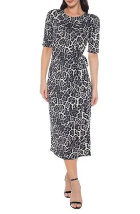 Tash And Sophie Short Sleeve Side Tie Midi Dress in Black/Grey at Nordstrom Rack, Size X-Large