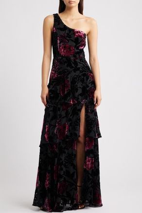 Lulus Elodie One Shoulder Burnout Floral Tiered Dress in Black Multi at Nordstrom, Size X-Small