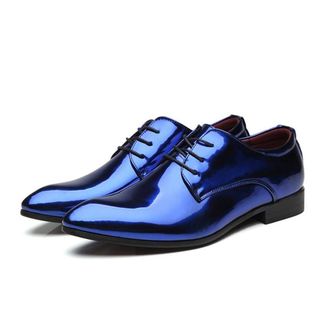 Generic Formal Shoes for Men Lace Up Patent Leather Derby Shoes PU Leather Block Heel Resistant Non Slip Wedding(Blue,10.5 UK)