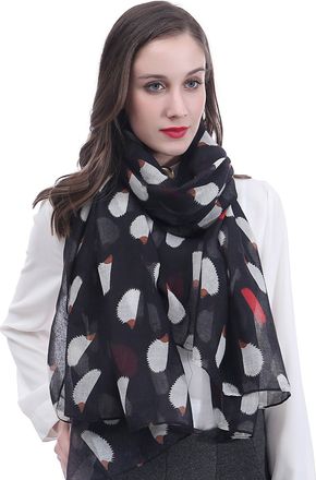 Lina & Lily Hedgehog Animal Print Womens Scarf Shawl Wrap Lightweight (Black)