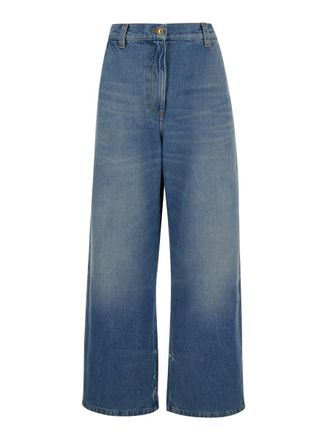 Palm Angels Light Blue High-Waisted Wide Jeans With Logo In Denim Woman