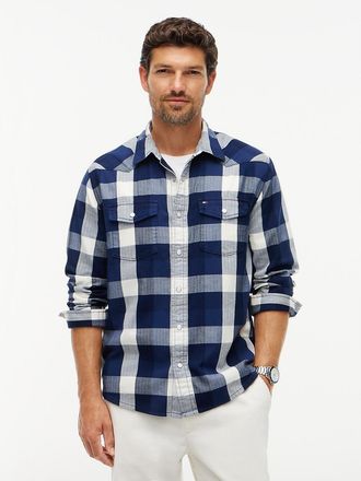 Tommy Hilfiger Mens Regular Fit Check Denim Western Shirt - Plaid Weston - XXL