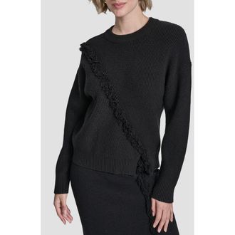 DKNY Fringe Detail Rib Sweater in Black at Nordstrom, Size X-Large