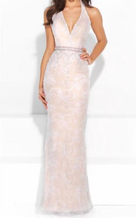 Madison James Halter Pearl Beaded Gown In Ivory/champagne