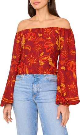 Vince Camuto Floral Off the Shoulder Crepe Top in Chili at Nordstrom, Size X-Large