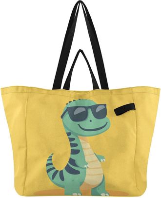 Generic Sunglasses Green Dinosaur pattern Reusable Canvas Tote Bag, Heavy Duty Grocery Shopping Bag with Large Capacity Double Handles Hard Bottom Work Grocer
