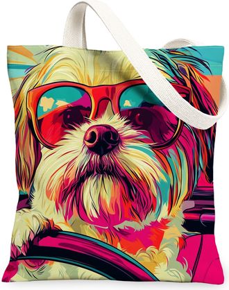 Generic Shih Tzu Dog Canvas Tote Bag for Shopping 13x15, Pop Aesthetic Funky Puppy Reusable Grocery Print Pattern Bag for Women, Cool Pet Beach Aesthetic Pain