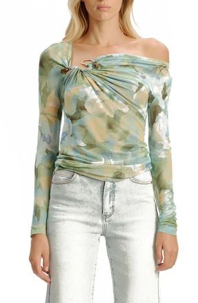 Bardot Marisol Asymmetric Mesh Top in Green Flo at Nordstrom, Size X-Small