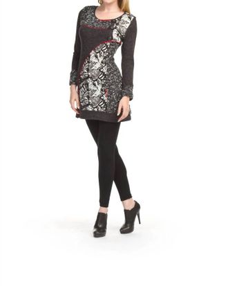 Papillon Boucle & Print Patch Long Sleeve Dress In Black