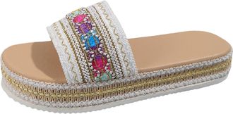 Generic Ethnic Style Woven Print Ladies Open Toe Flat Sandals for Women Bohemian Fashion Beach Holiday Slide Slippers Comfortable Casual Footwear with Unique 