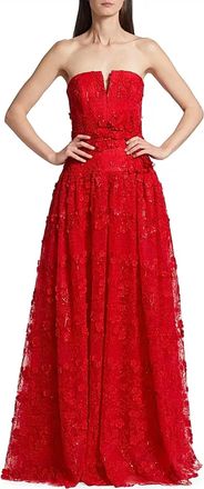 Monique Lhuillier Celia Sequin Floral Strapless Tie Front Tulle Gown In Rouge