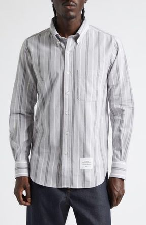Thom Browne Straight Fit Stripe Cotton Button-Down Shirt in Medium Grey at Nordstrom, Size 5