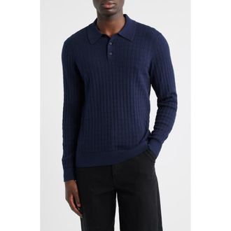 Wax London Oban Diamond Stripe Cotton & Cashmere Polo Sweater in Navy at Nordstrom Rack, Size Small