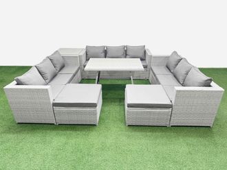 Fimous 11 Seat Patio PE Rattan Garden Furniture with Side Table 2 Big Stools in Light Grey