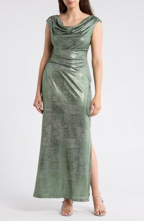 Connected Metallic Cowl Neck Sleeveless Gown in Sage at Nordstrom Rack, Size 14