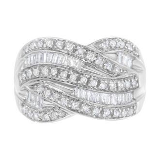 House of Brilliance Silver 1.0 Cttw Round and Baguette Diamond Cross Over Ring Band at Nordstrom, Size 7