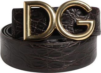 Dolce & Gabbana Men Black Exotic Leather Logo Buckle Belt Caiman