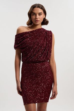 Karen Millen Womens Draped One Shoulder Jersey Stretch Sequin Mini Dress - Purple - Size X-Small