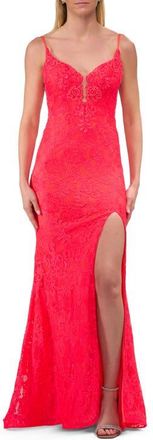 La Femme Lace Dress with Deep V-Neck and Rhinestones in Hot Coral at Nordstrom, Size 00