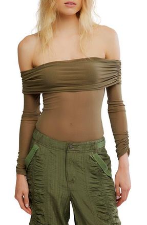 Free People Forget Me Not Off the Shoulder Mesh Bodysuit in Olive at Nordstrom, Size X-Large