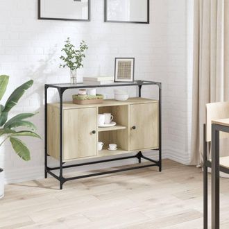 Berkfield Home Sideboard with Glass Top Sonoma Oak 98x35x81 cm Engineered Wood in Brown | Size: 98 x 35 x 81 cm