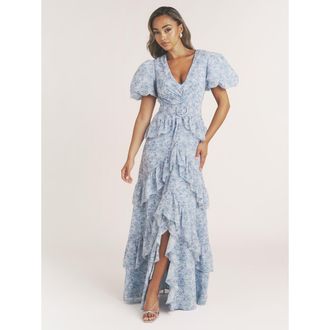 Six Stories Freya Floral Belted Ruffle Maxi Dress in Pale Blue at Nordstrom, Size 4