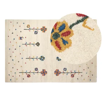 Beliani Alfombra Gabbeh De Lana Beige Azul Rojo Amarillo Verde 140 X 200 Cm A Mano Floral Husunlu