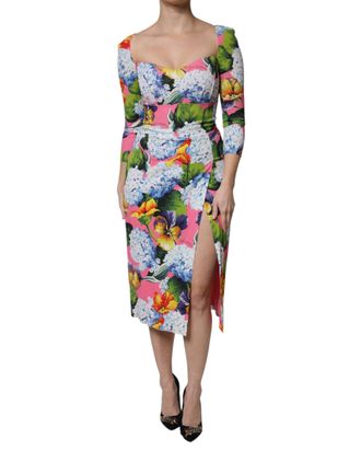 Dolce & Gabbana Womens Multicolor Floral Side Slit Midi Dress Viscose Elastane