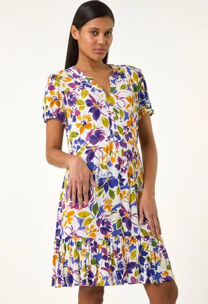 Roman Floral Notch Button A-Line Dress