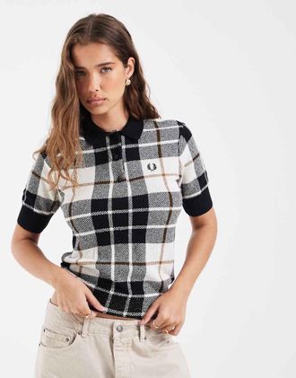 Fred Perry polo in maglia boucl&eacute; tartan color ecru-Bianco