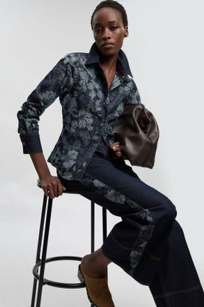 Karen Millen Womens Petite Denim & Jacquard Contrast Wide Leg Jean - Dark Blue Cotton - Size 10 UK