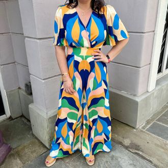 Flying Tomato Geometric Print Wide Leg Jumpsuit In Blue