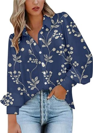Generic Blouses for Women Puff Long Sleeve V Neck Collared Button Down Shirt Ladies Vintage Floral Print Fashion Tops(Dark Blue, XXL)