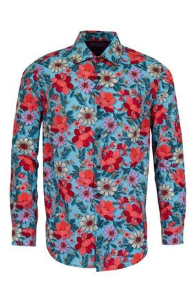 Lords of Harlech Nicoli Button-Up Shirt in Catalan Floral Teal at Nordstrom, Size X-Large