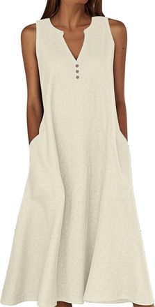 Generic Summer Dress Summer Dresses Elegant Boho T-Shirt Dress Solid Color V Neck Side Pockets A Line Casual Mid Long for Women Daily Classic Beach Casual Bea