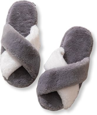 Generic Womens Slipper Cross-Strap Open-Toe Warm Cosy Non Slip Soft Lightweight Fluffy Slippers Grey 2/2.5 UK