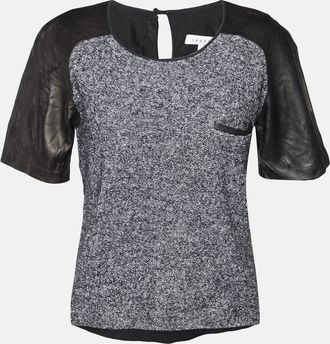 Sandro Black Terry & Leather Short Sleeve Blouse