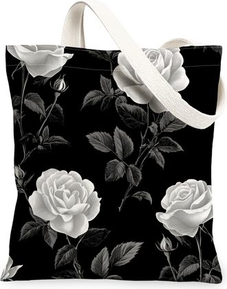 Generic Spring Rose Flower Canvas Tote Bag for Shopping 13x15, Black Floral Wildflower Reusable Grocery Print Pattern Bag for Women Men, Aesthetic Retro Aesth
