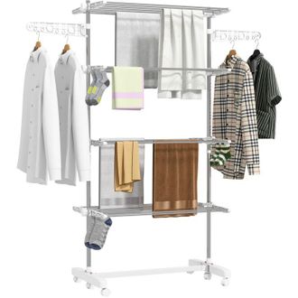 HOMCOM Tendedero Plegable 6 Ruedas 3 Y 4 Niveles Estantes Tubo Acero Inox Tendero Ropa