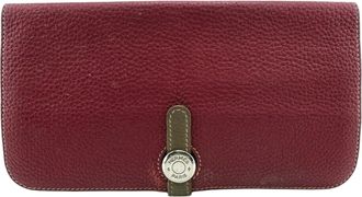Herm&egrave;s Etoupe Gray Red Color Tosca Leather Long Wallet (Bi-Fold) (Pre-Owned)