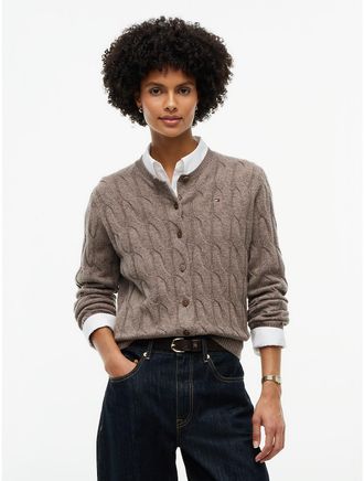Tommy Hilfiger Womens Boxy Fit Cable Knit Wool Cardigan - Hot Coco Heather - XXS