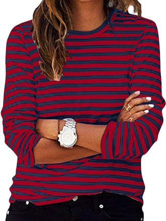 Generic Ladies Striped Tops 2025 Spring Long Sleeve Crewneck Shirts UK Fashion Lightweight Pullover Blouse Dressy Casual Loose Fit Shirts Womens Comfy Going O