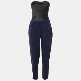 Maje Navy Blue/black Crepe & Satin Strapless Jumpsuit