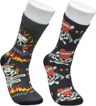 Ed Hardy Flaming Skull 360 Print Full Cushion Crew Sock 2-Pack in Grey at Nordstrom