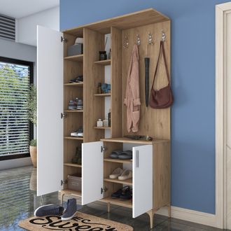 Dmora Mueble De Entrada Priero, Espejo Incluido, Perchero, 11 Estantes, 120x38x199h Cm Blanco