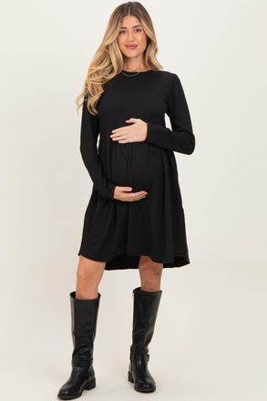 Pinkblush Textured Rib Long Sleeve Dress in Black at Nordstrom, Size Small