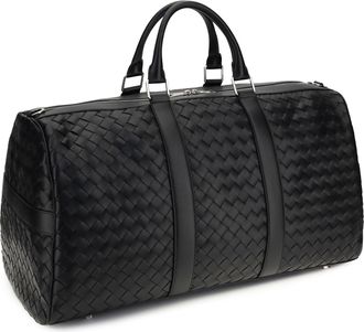 Bottega Veneta Mens Travel Bag Intrecciato Black-Silver Calf Leather Shoulder Black/silver