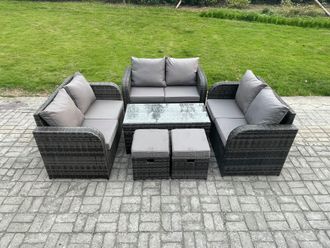 Fimous Outdoor Garden Furniture Sets 6 Pieces Wicker Rattan Furniture Sofa Sets with Rectangular Coffee Table Love seat Sofa 2 Small Footstools