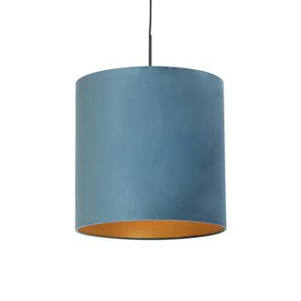QAZQA Cl&aacute;sico/antiguo L&aacute;mpara Colgante Con Pantalla De Terciopelo Azul Con Dorado 40 Cm - Combi Textil /acero Cil&iacute;ndra /alargada /redonda Adecuado Para Led 